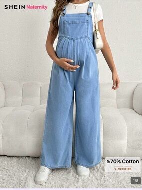 SHEIN Light Blue Wide-Leg Denim Maternity Overalls